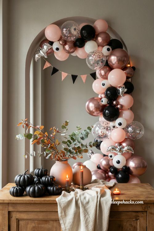 Pink and black Halloween balloon garland with eyeball balloons confetti and cozy spooky party decor