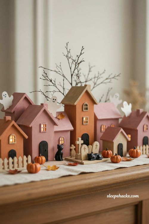Pink and orange Halloween ghost village with miniature graveyard decor 