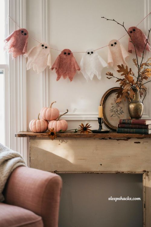 Pink felt ghost banner with baker's twine for cozy Halloween mantel decor