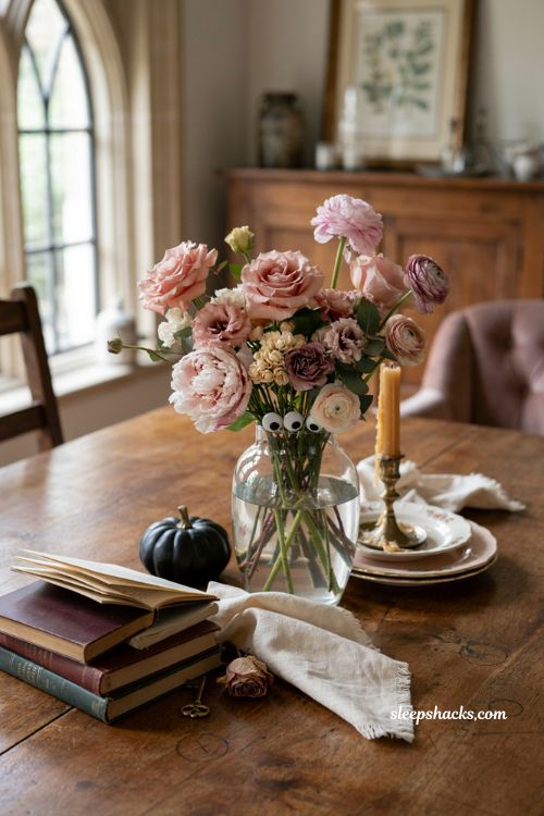 Pink flowers with fake eyes for whimsical Halloween table decor
