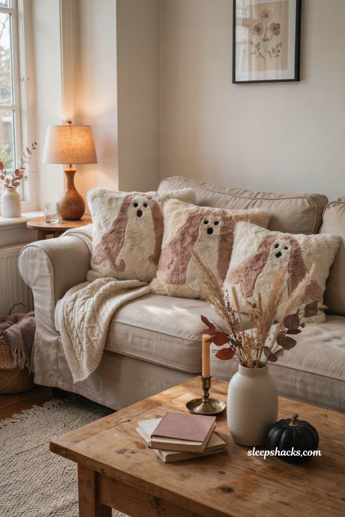 Pink ghost throw pillows for cozy Halloween living room decor