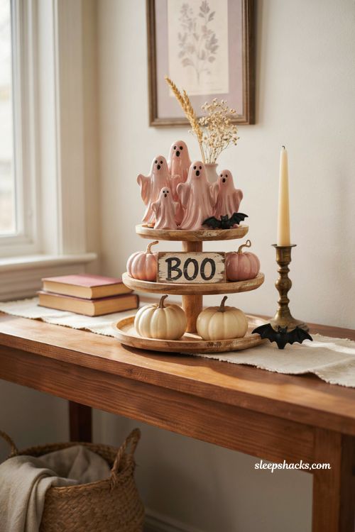 Pink ghost tiered tray decor with pastel pumpkins for a cozy Halloween coffee bar