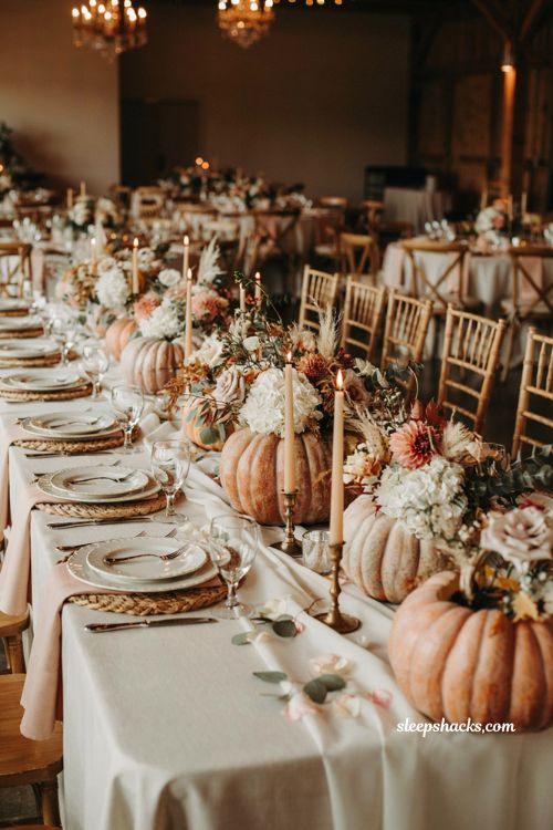 Pink pumpkin fall decor ideas with cozy romantic autumn styling