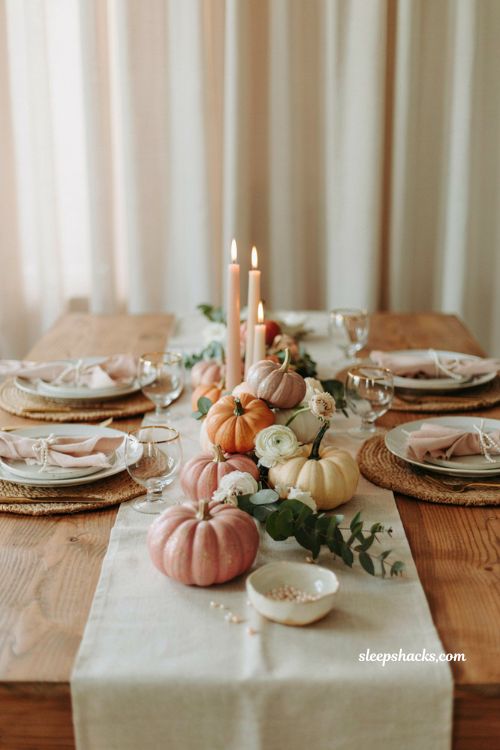 Pink pumpkin fall decor with baby shower centerpiece and soft autumn styling