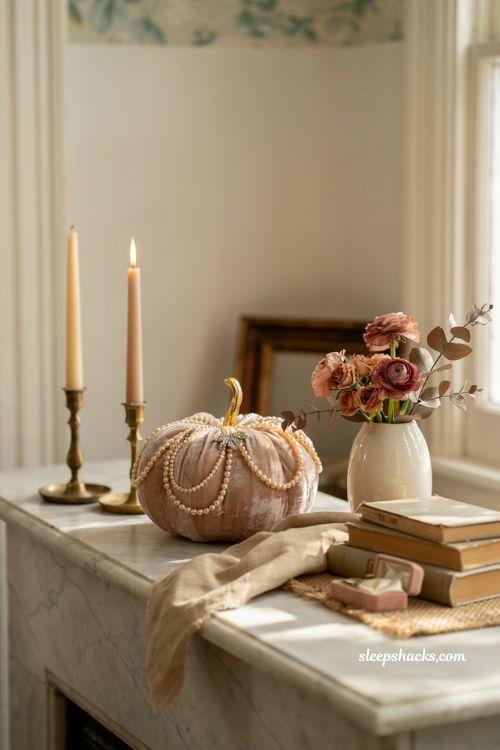 Pink pumpkin fall decor with blush velvet pearl pumpkin and gold stem