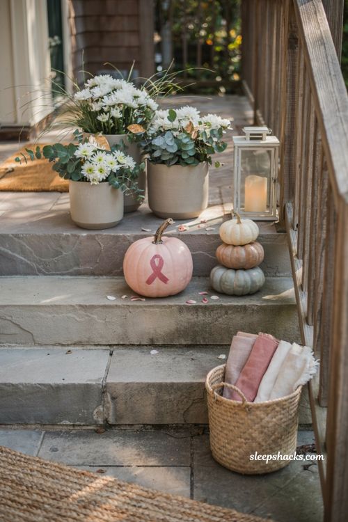 Pink pumpkin fall decor with breast cancer awareness ribbon porch display