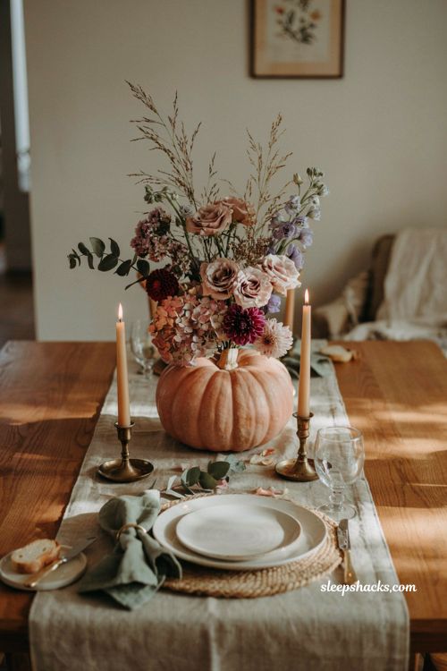 Pink pumpkin fall decor with floral arrangement pumpkin vase for dining table
