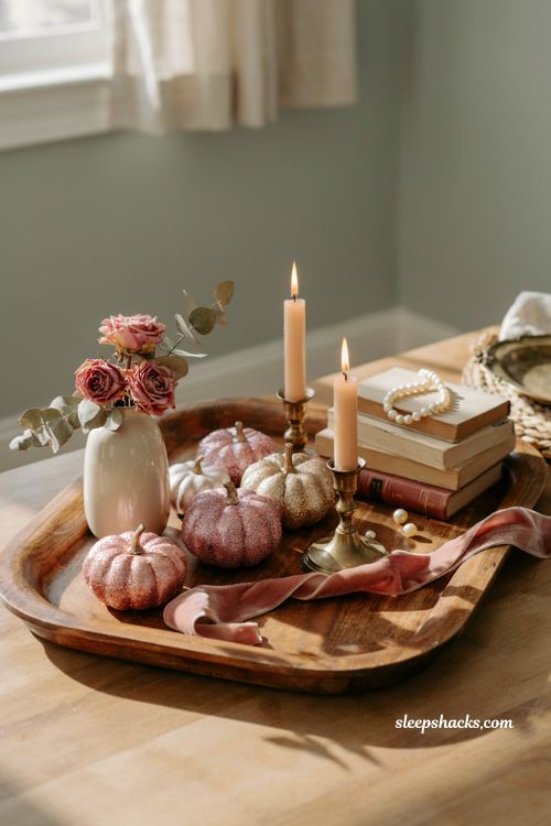 Pink pumpkin fall decor with glitter pumpkins and elegant autumn table styling