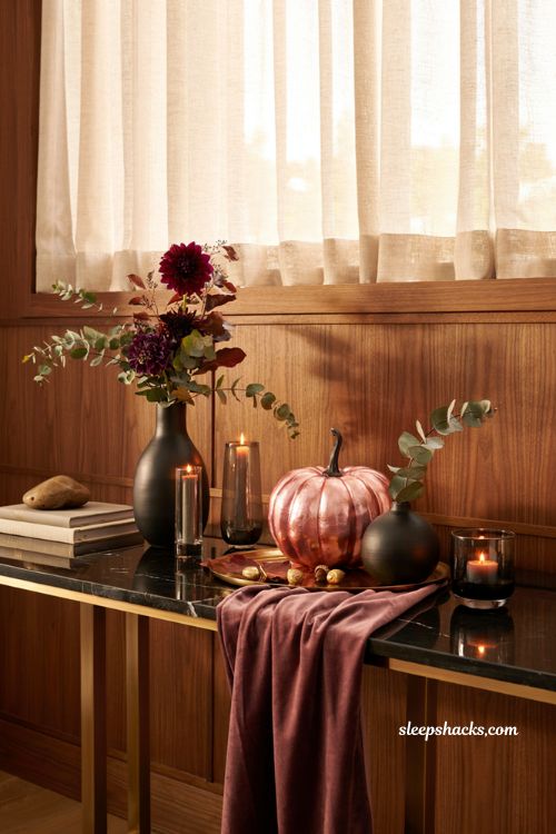 Pink pumpkin fall decor with metallic pink pumpkin and modern glam styling