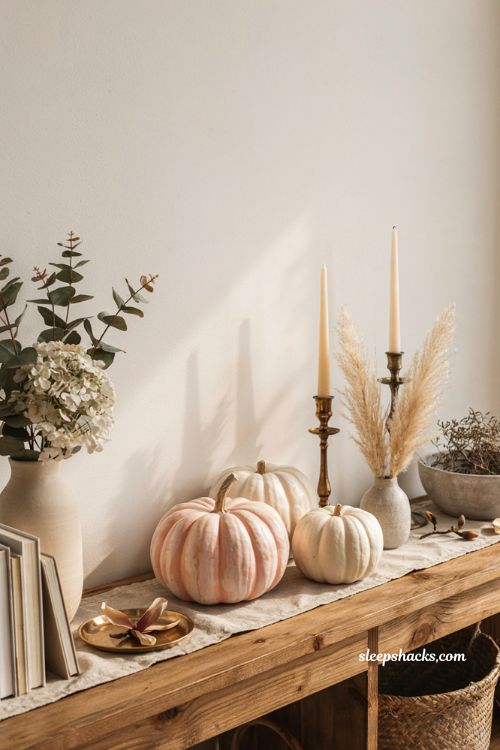 Pink pumpkin fall decor with modern pink and white striped pumpkin styling