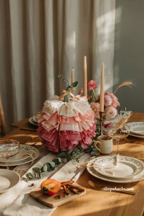 Pink pumpkin fall decor with ombre ruffle cake style pumpkin centerpiece