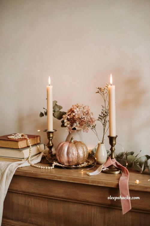 Pink pumpkin fall decor with pink and gold glitter pumpkin centerpiece
