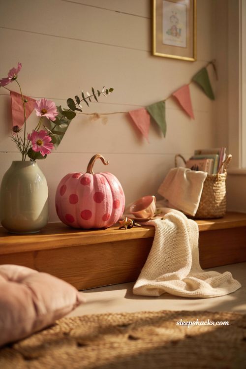 Pink pumpkin fall decor with playful polka dot painted pumpkin for kids 