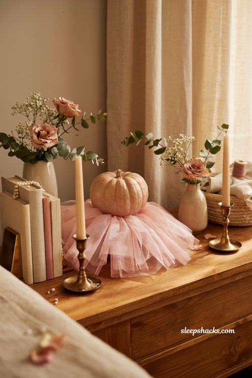 Pink pumpkin fall decor with soft tulle skirt and romantic cottage styling