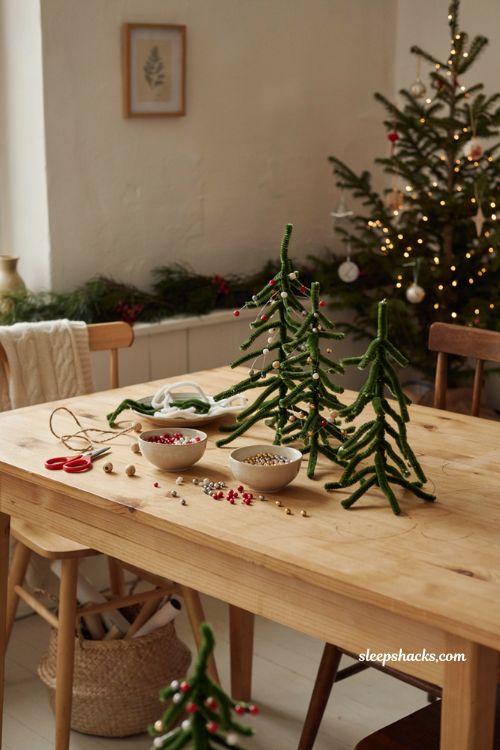 Pipe cleaner Christmas trees craft for kids with beads and handmade ornaments