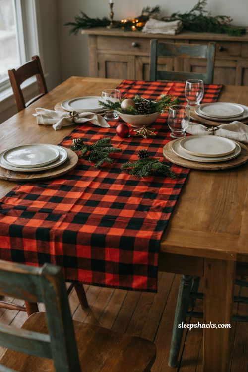 Plaid flannel sheet Christmas table centerpiece with rustic farmhouse decor