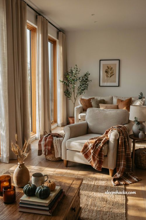 Plaid throw ideas for cozy fall armchairs and warm autumn living room decor