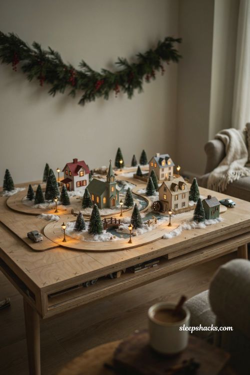 Plywood platform Christmas village display with cutout streets miniature houses and glowing streetlamps 
