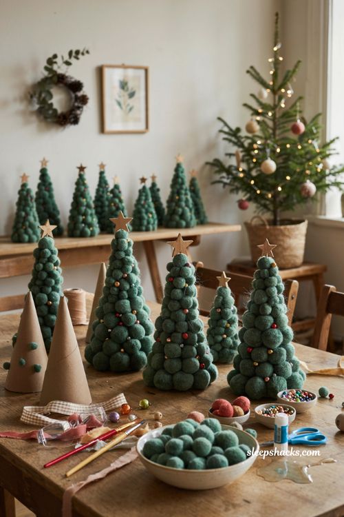 Pom pom Christmas trees craft for kids with green pom poms and handmade ornaments