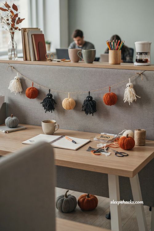 Pom pom Halloween banner with ghosts spiders and pumpkins for office decor