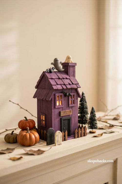 Popsicle stick haunted house with purple and black handmade Halloween decor 