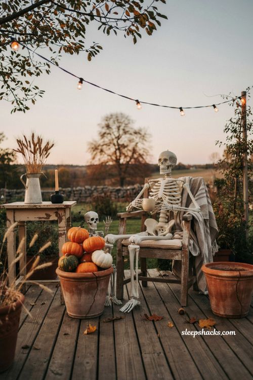 Posed skeleton scene for patio halloween decorating