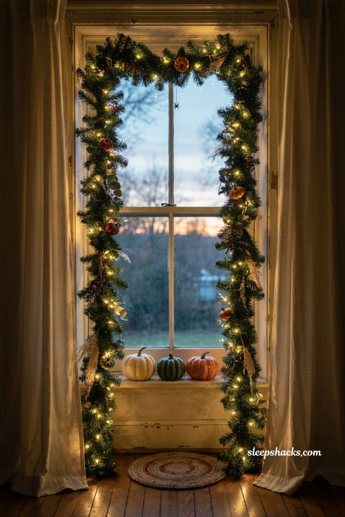 Pre lit garland window frame with warm Halloween lights pumpkins and cozy autumn decor