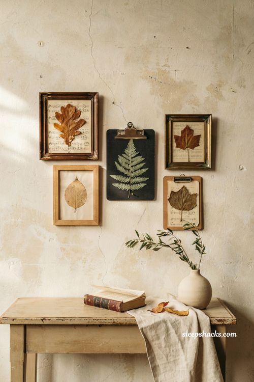 Pressed fall leaves on vintage sheet music framed wall art