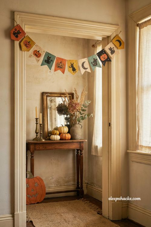 Pressed paper Halloween pennant banner with vintage pumpkins and cats 
