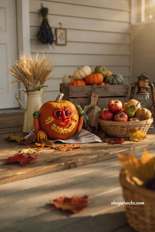 Produce pumpkin face idea using vegetables and fruit for a fun kid friendly fall craft