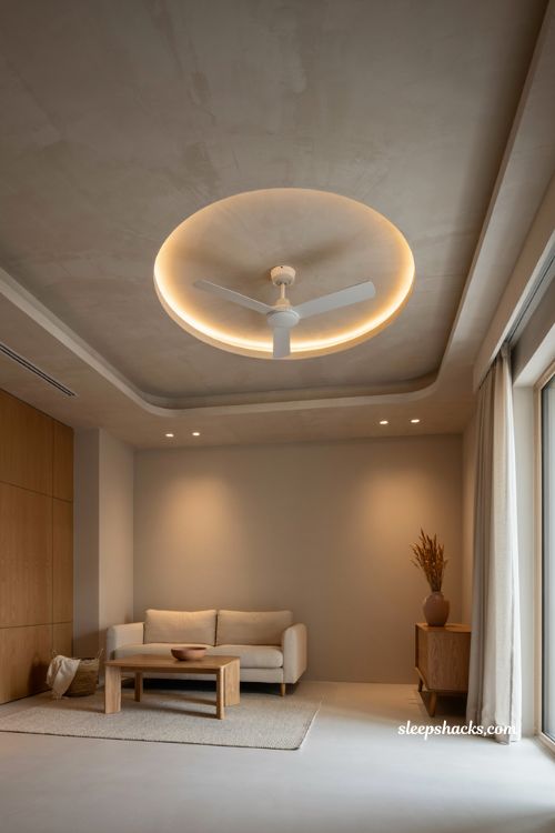 Profile light fall ceiling with fan cutout and modern minimalist small hall design