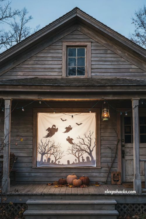Projector cast Halloween window silhouette scene with floating ghosts 
