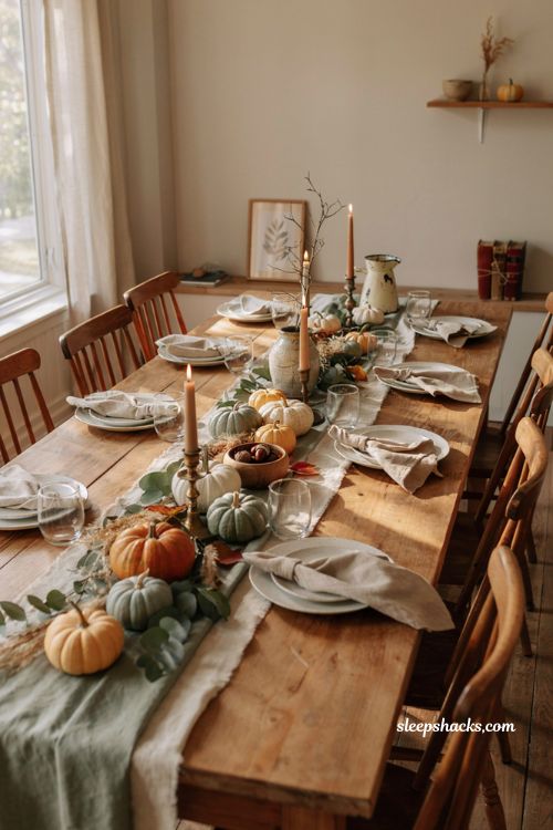 Pumpkin baby shower centerpiece with fall table runner and rustic pumpkins