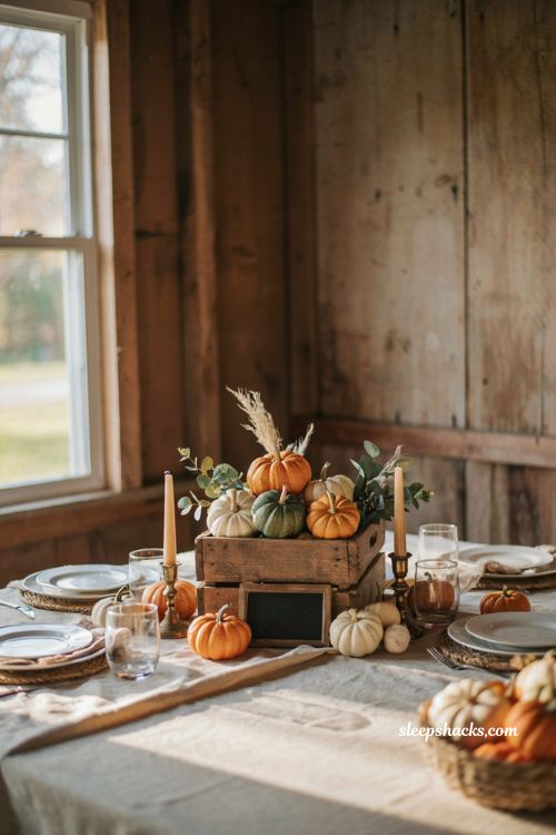 Pumpkin baby shower centerpiece with wooden crate mini pumpkins and greenery