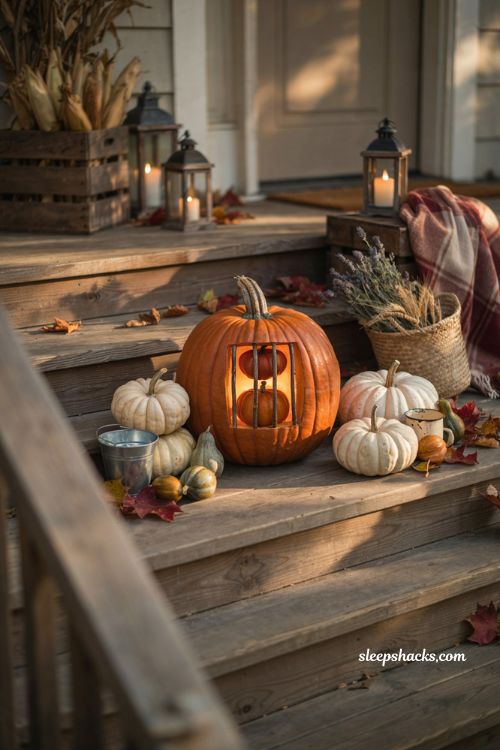 Pumpkin behind bars carving idea with a funny jailed mini pumpkin for Halloween porch decor