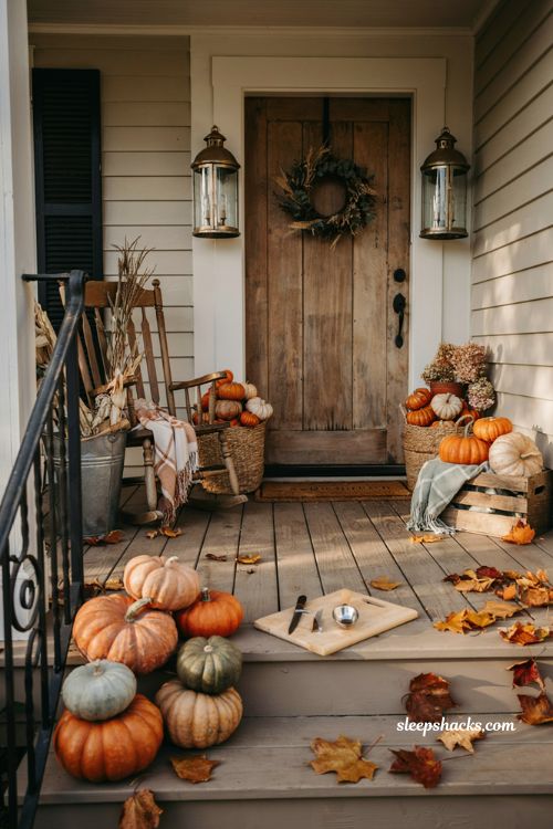 Pumpkin carving ideas with cozy fall front porch decorated with uncarved pumpkins and rustic autumn decor