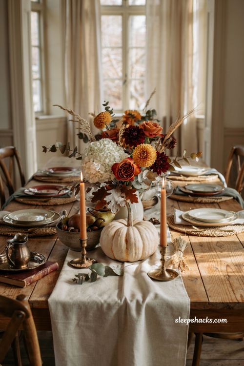 Pumpkin centerpieces fall with a classic floral filled heirloom pumpkin vase
