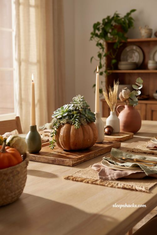 Pumpkin centerpieces fall with a living succulent topped heirloom pumpkin