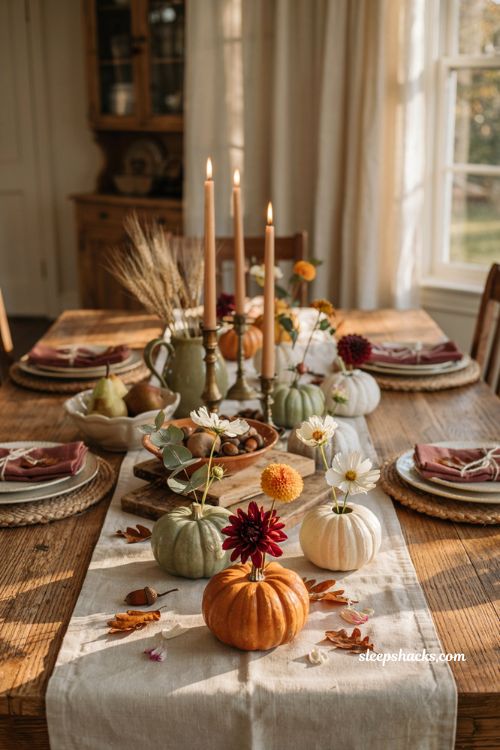 Pumpkin centerpieces fall with mini pumpkin bouquets along a farmhouse table runner