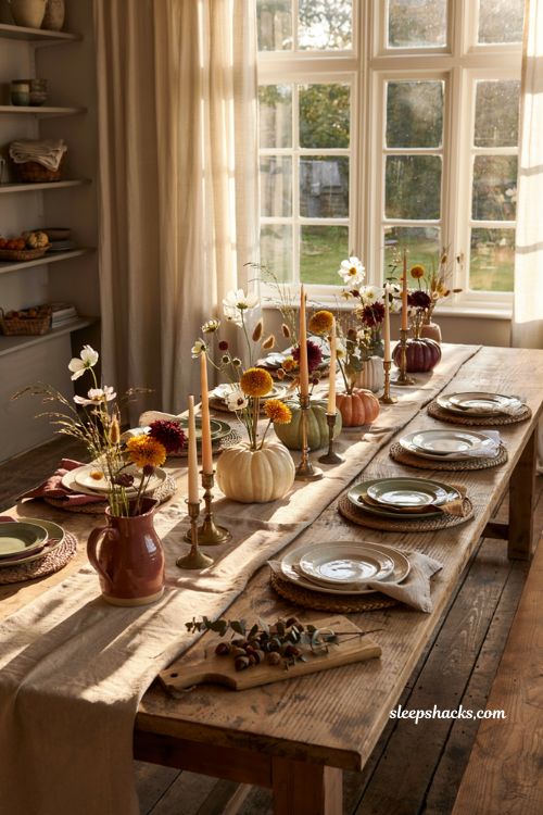 Pumpkin centerpieces fall with mini pumpkin bud vases on a long farmhouse dining table