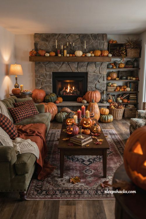 Pumpkin chaos Halloween living room decor with jack o lanterns, autumn leaves, and cozy blankets 