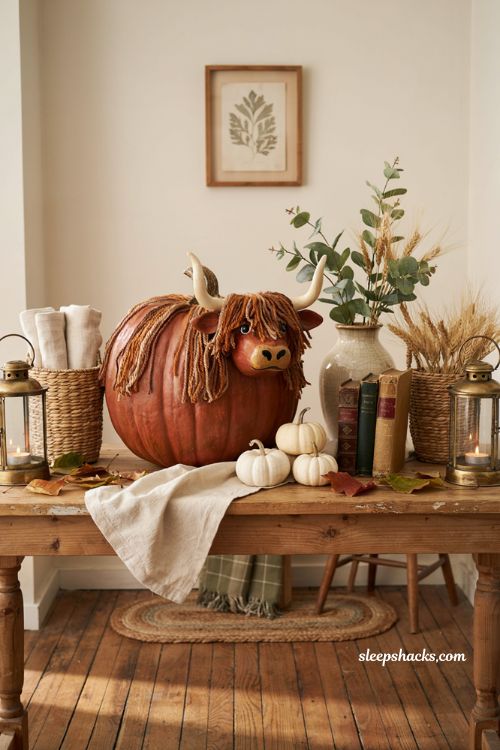 Pumpkin decorating ideas for contest featuring a handmade highland cow pumpkin with rustic farmhouse fall decor
