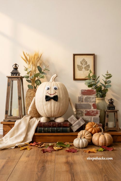 Pumpkin decorating ideas for contest with Humpty Dumpty pumpkin and storybook farmhouse fall decor