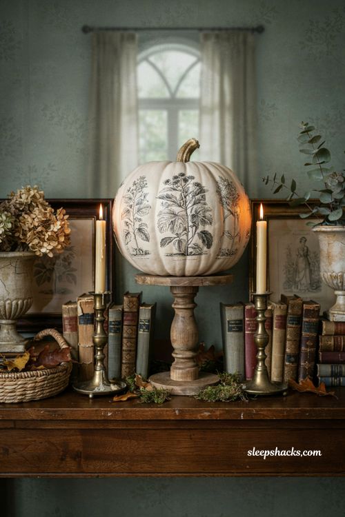 Pumpkin decorating ideas for contest with antique image transfer pumpkin and vintage farmhouse fall decor