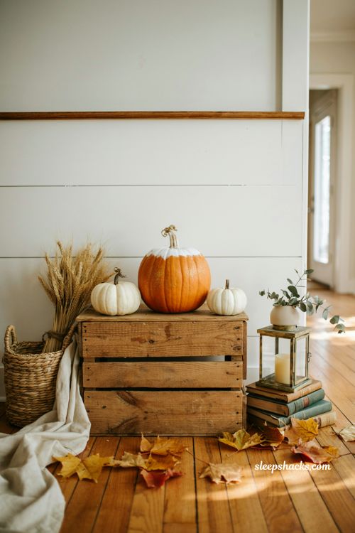 Pumpkin decorating ideas for contest with candy corn painted pumpkin in cozy farmhouse fall decor