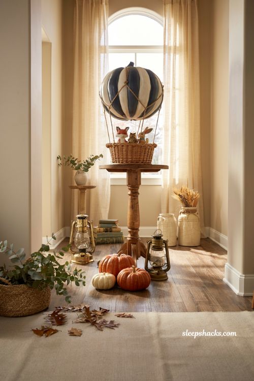 Pumpkin decorating ideas for contest with creative hot air balloon pumpkin centerpiece for farmhouse fall decor