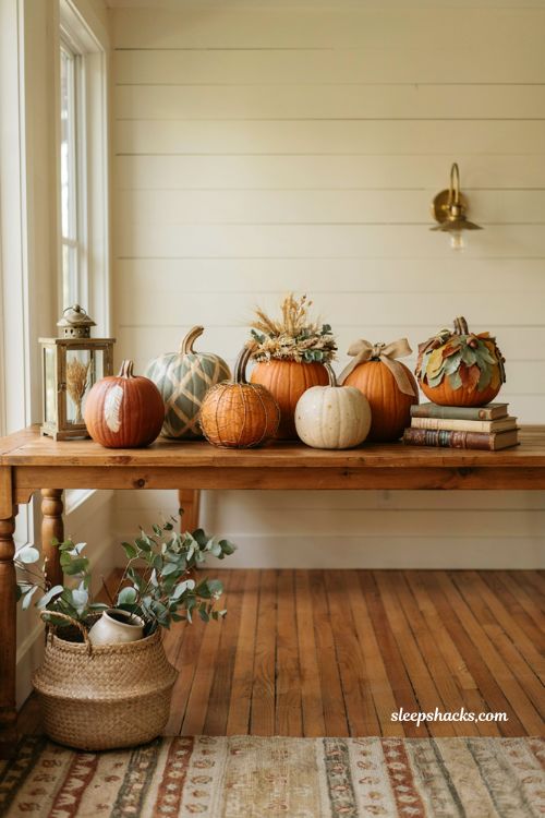 Pumpkin decorating ideas for contest with creative no carve painted pumpkins in a cozy farmhouse entryway