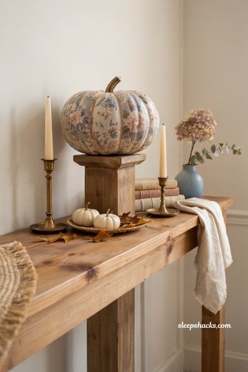 Pumpkin decorating ideas for contest with elegant decoupage napkin pumpkin in vintage farmhouse fall decor