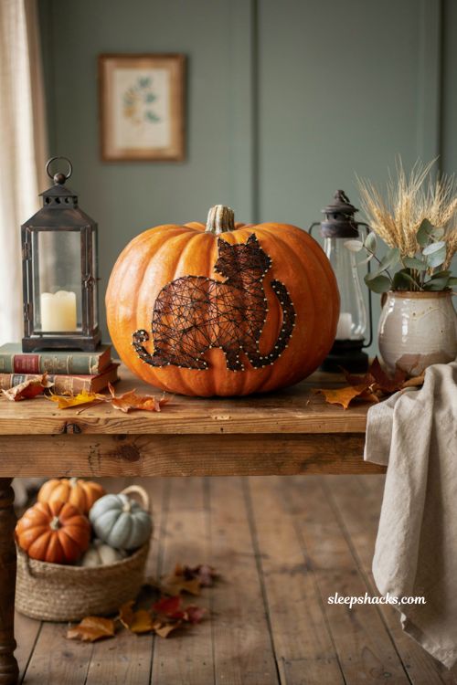 Pumpkin decorating ideas for contest with handmade string art pumpkin in rustic farmhouse fall decor