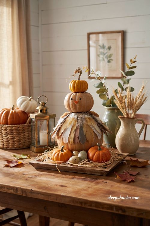 Pumpkin decorating ideas for contest with nesting hen and chicks pumpkin farmhouse centerpiece